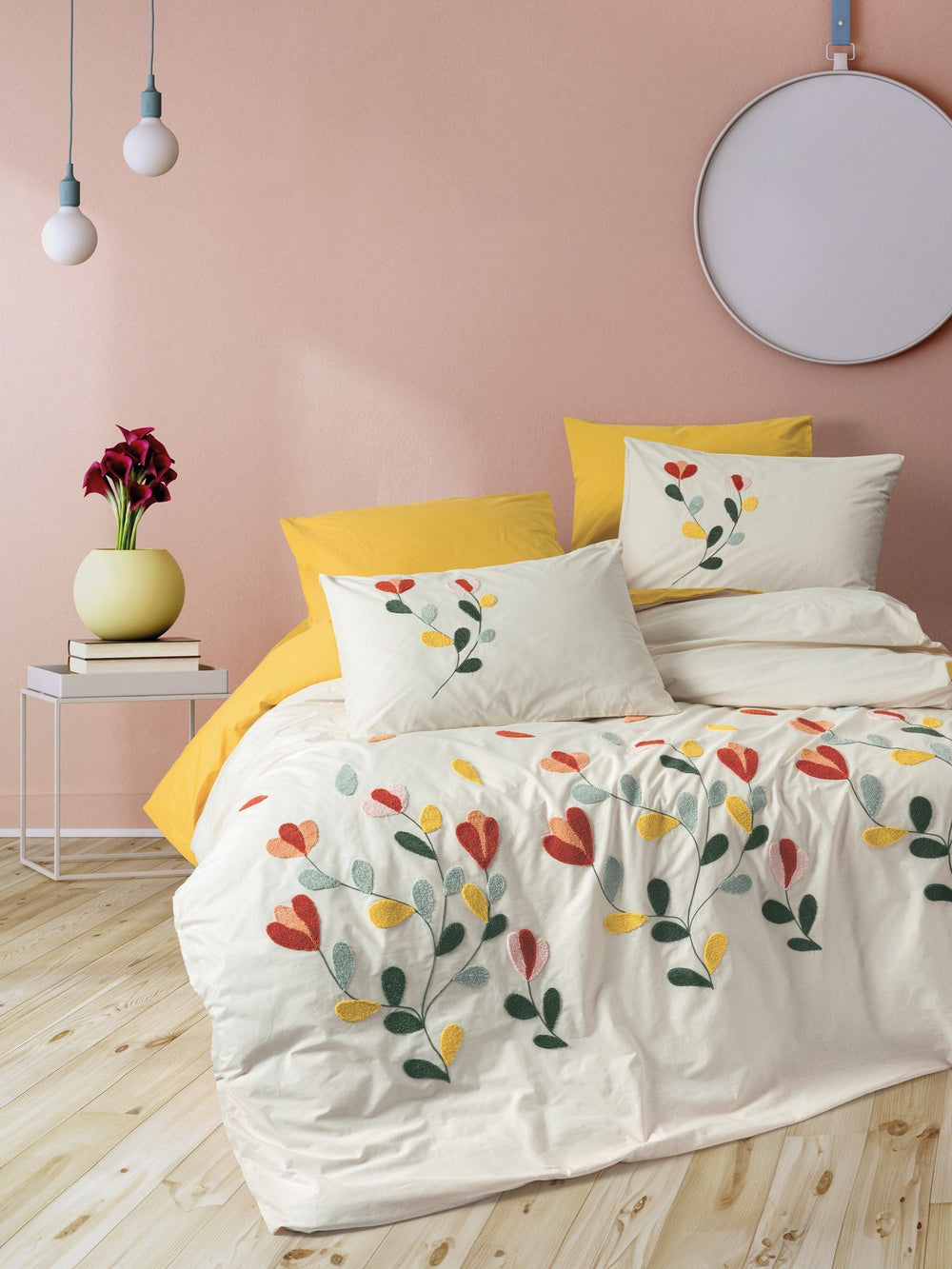 Lenjerie de Pat 2 Persoane cu Broderie Puff Nella Mustar