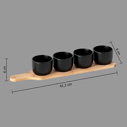 Platou servire lung din bambus cu 4 boluri negre, set 5 piese, L 40 cm