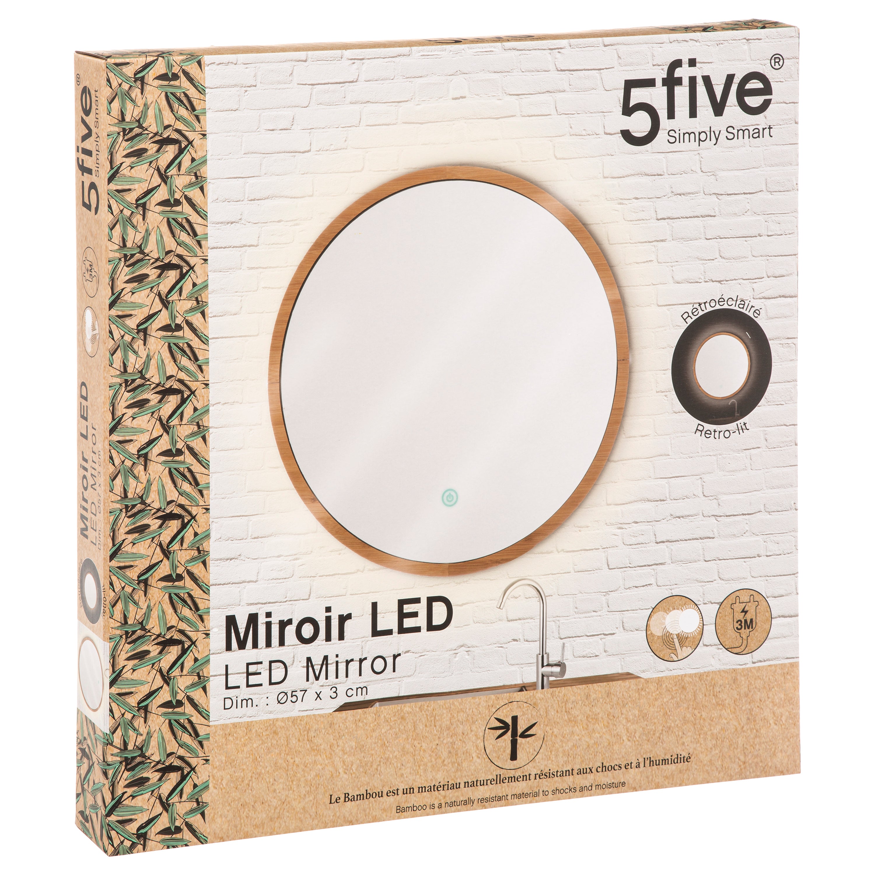 Oglinda rotunda perete bambus LED - Five