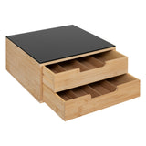 Organizator negru 2 sertare, cu separatoare detasabile din bambus si sticla neagra