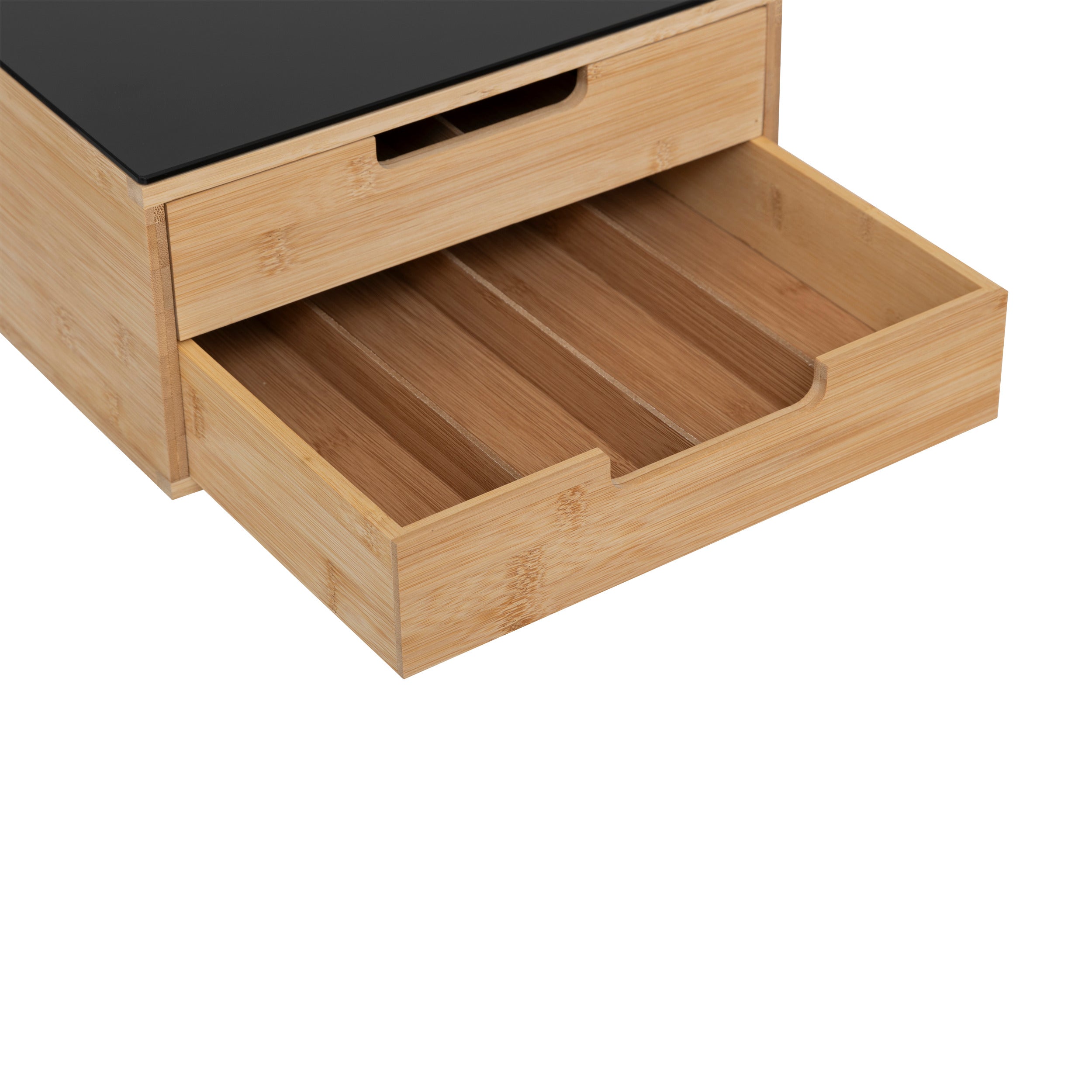 Organizator negru 2 sertare, cu separatoare detasabile din bambus si sticla neagra