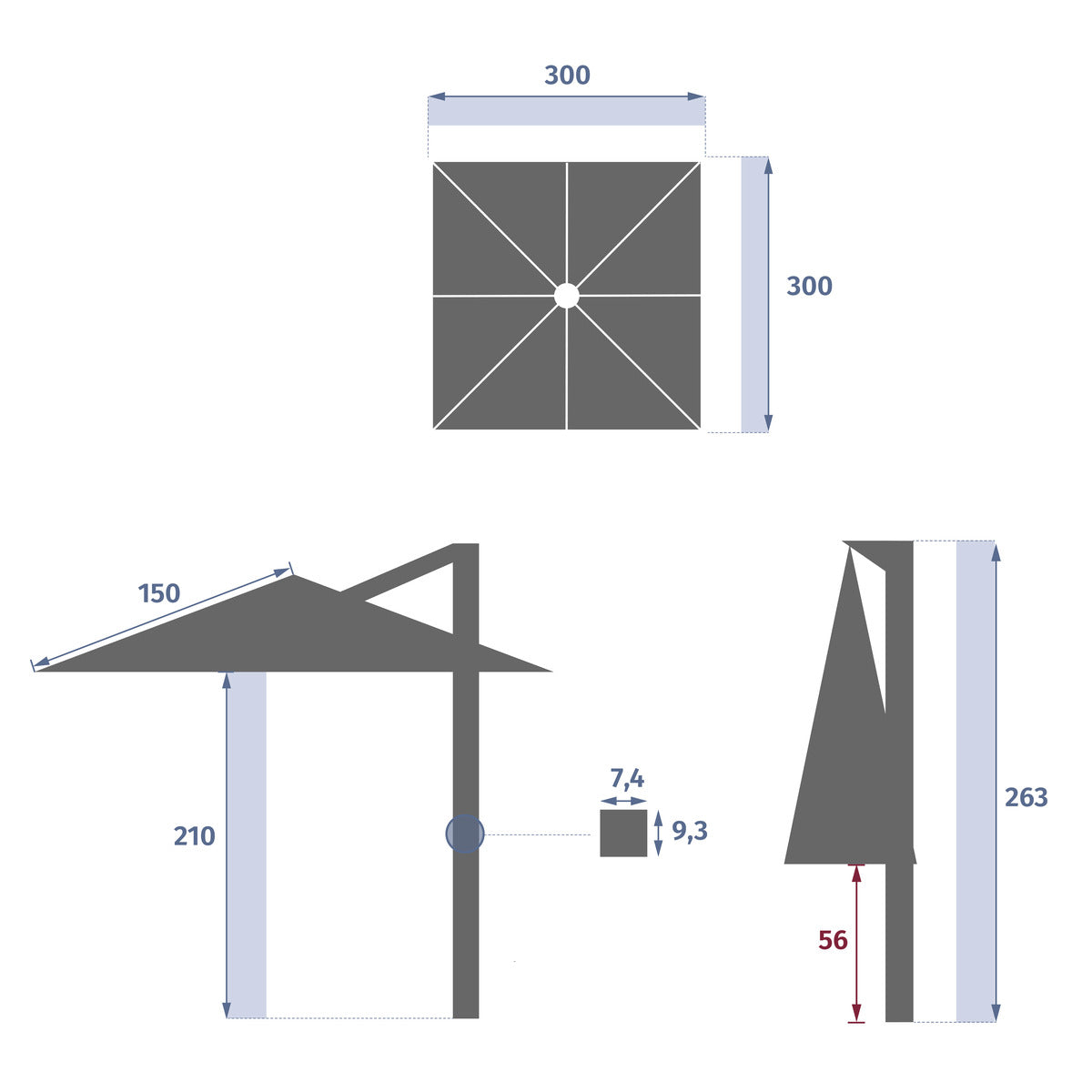 Parasol patrat deplasat inclinabil MELHIA In / Argila
