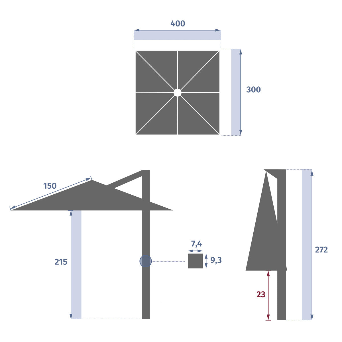 Parasol dreptunghiular deplasat inclinabil MELHIA In / Argila