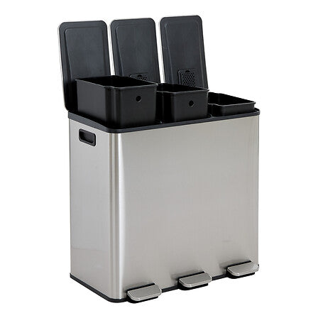 Cos de gunoi cu 3 compartimente pentru reciclare, otel inoxidabil, 3 x 18 l