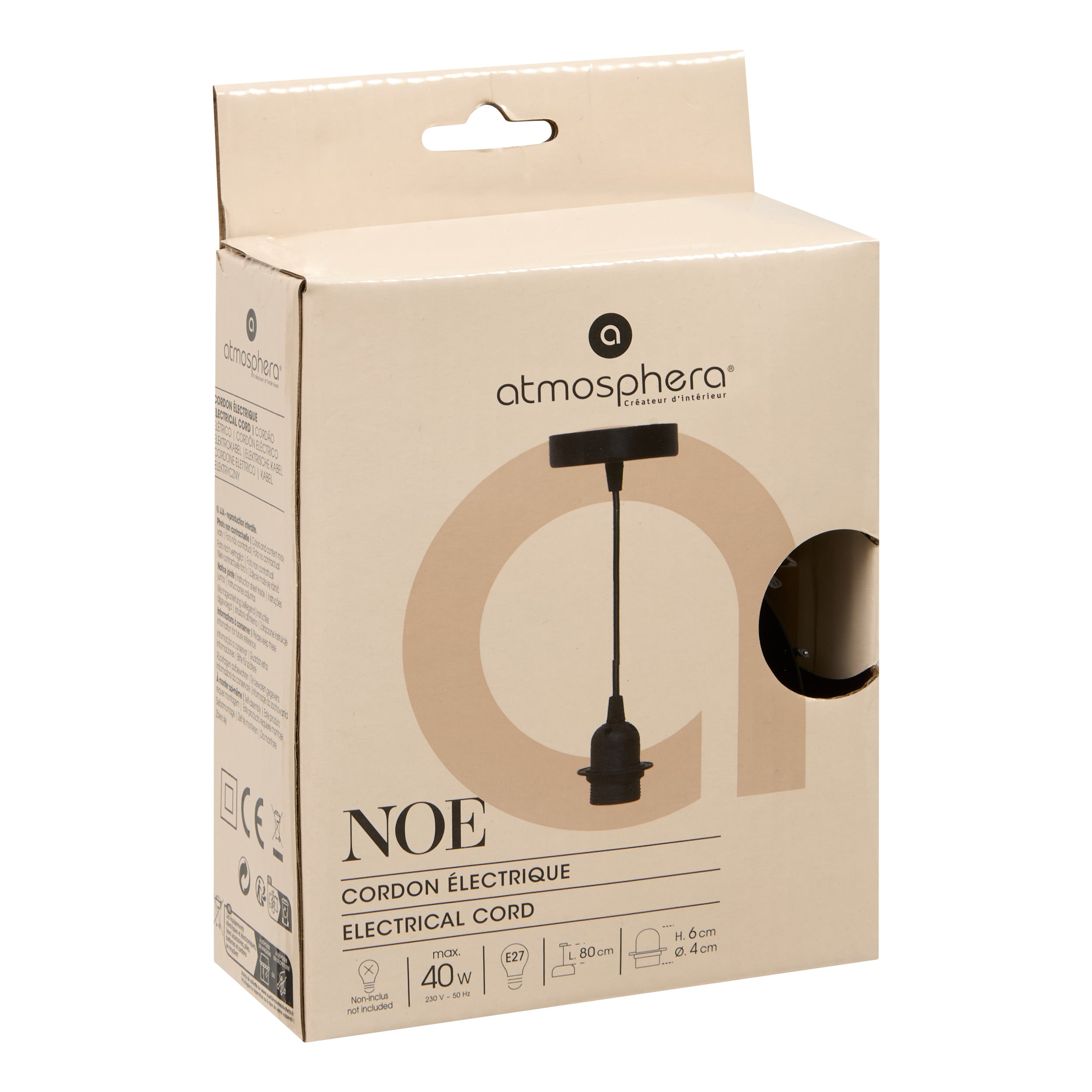 Corp de iluminat, cablu alimentare noe negru metal L80 - Atmosphera