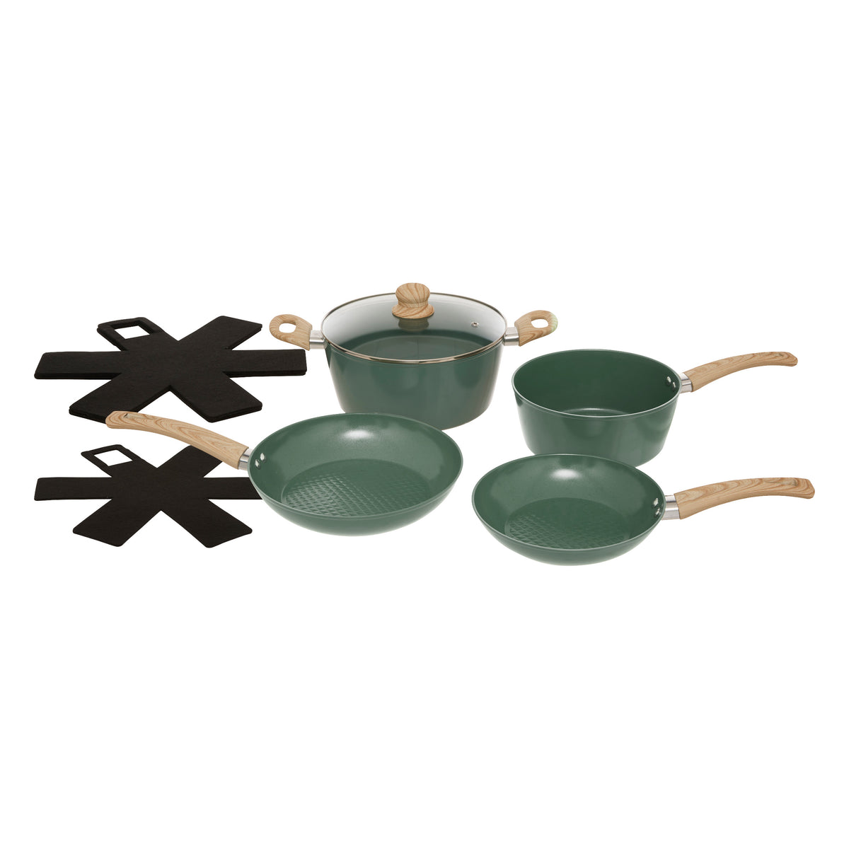 Vas de gatit verde, set 7 piese, aluminiu