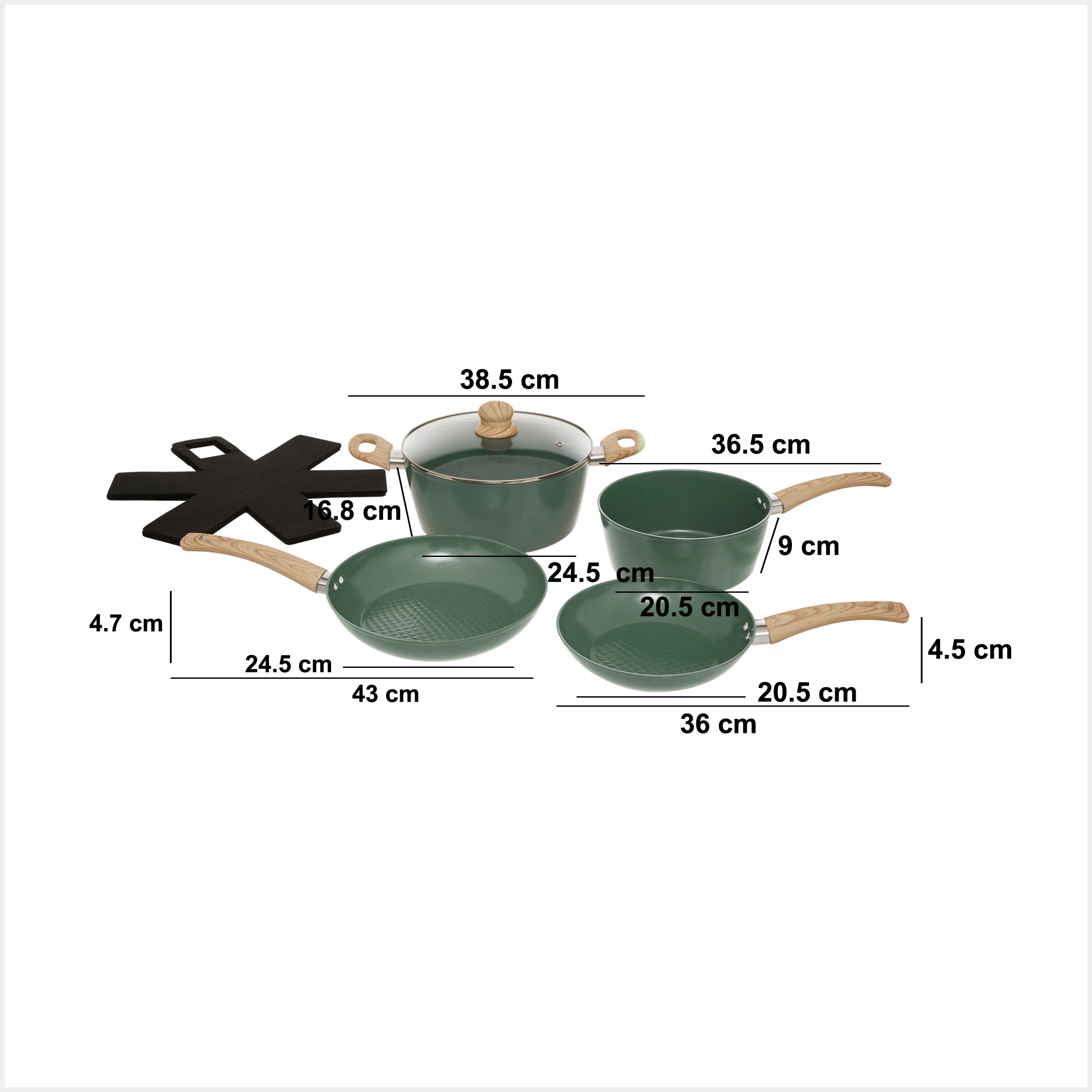 Vas de gatit verde, set 7 piese, aluminiu