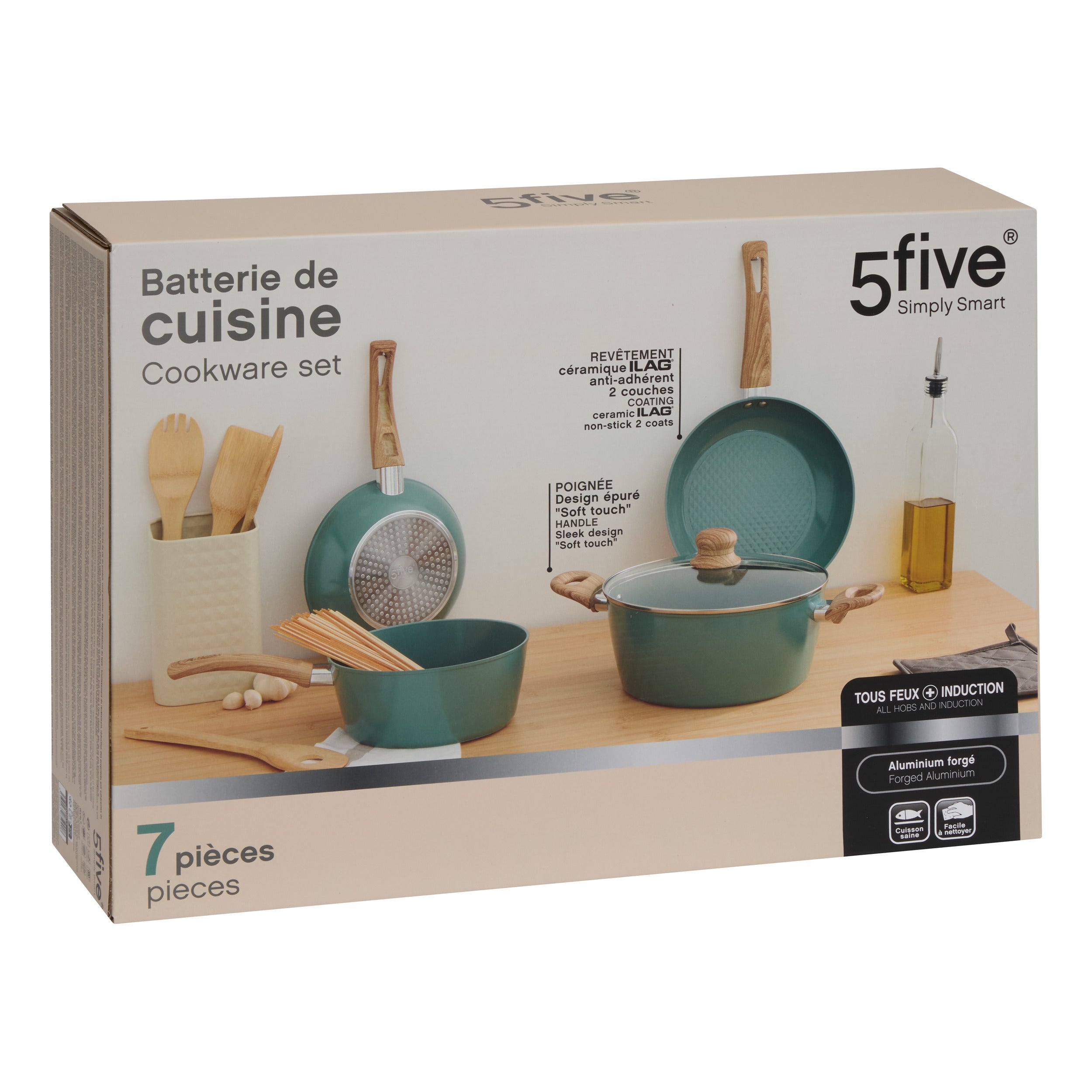 Vas de gatit verde, set 7 piese, aluminiu