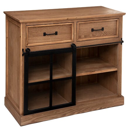 Comoda cu 2 sertare si usa din sticla, lemn natural, L 94 cm