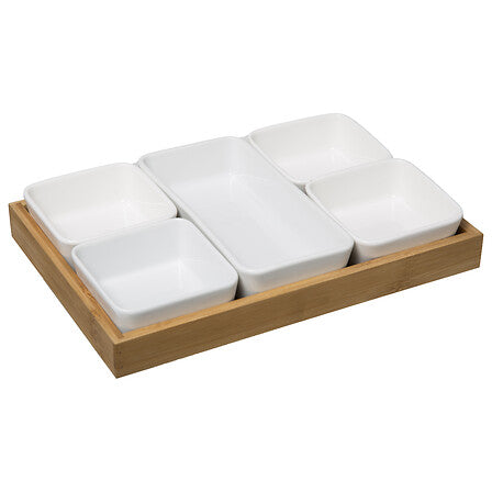 Platou servire din bambus cu 6 boluri din portelan, alb, L 27,5 cm
