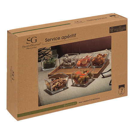 Set aperitiv din bambus si sticla, 7 piese, L 28,5 cm