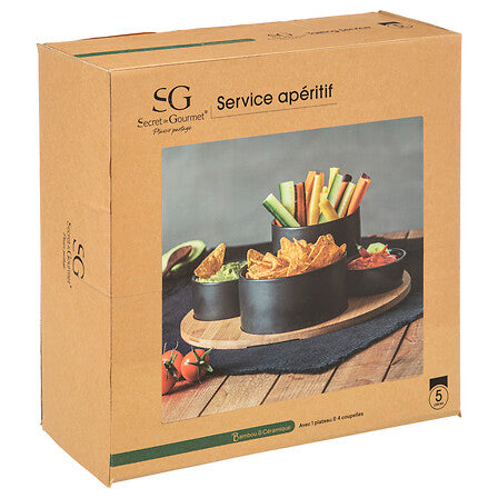 Platou rotund din bambus cu 4 boluri ceramice negre, set 5 piese, D 33 cm