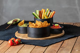 Platou rotund din bambus cu 4 boluri ceramice negre, set 5 piese, D 33 cm