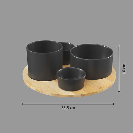 Platou rotund din bambus cu 4 boluri ceramice negre, set 5 piese, D 33 cm