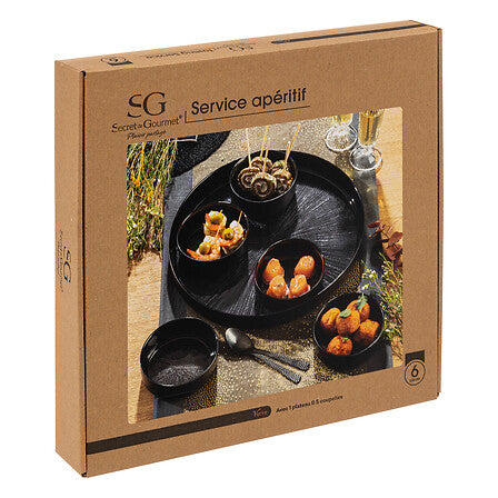 Platou aperitive rotund cu 5 boluri, negru, set 6 piese, D 34 cm