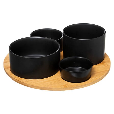 Platou rotund din bambus cu 4 boluri ceramice negre, set 5 piese, D 33 cm