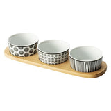 Platou servire din bambus cu 3 boluri din portelan, set 4 piese, L 30 cm
