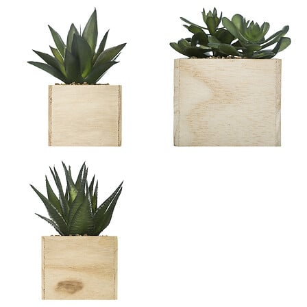 Planta artificiala mica in ghiveci din lemn, modele asortate, H 14 cm