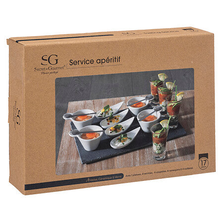 Set aperitiv 17 piese cu platou din ardezie, L 32 cm