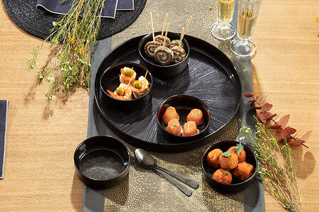 Platou aperitive rotund cu 5 boluri, negru, set 6 piese, D 34 cm