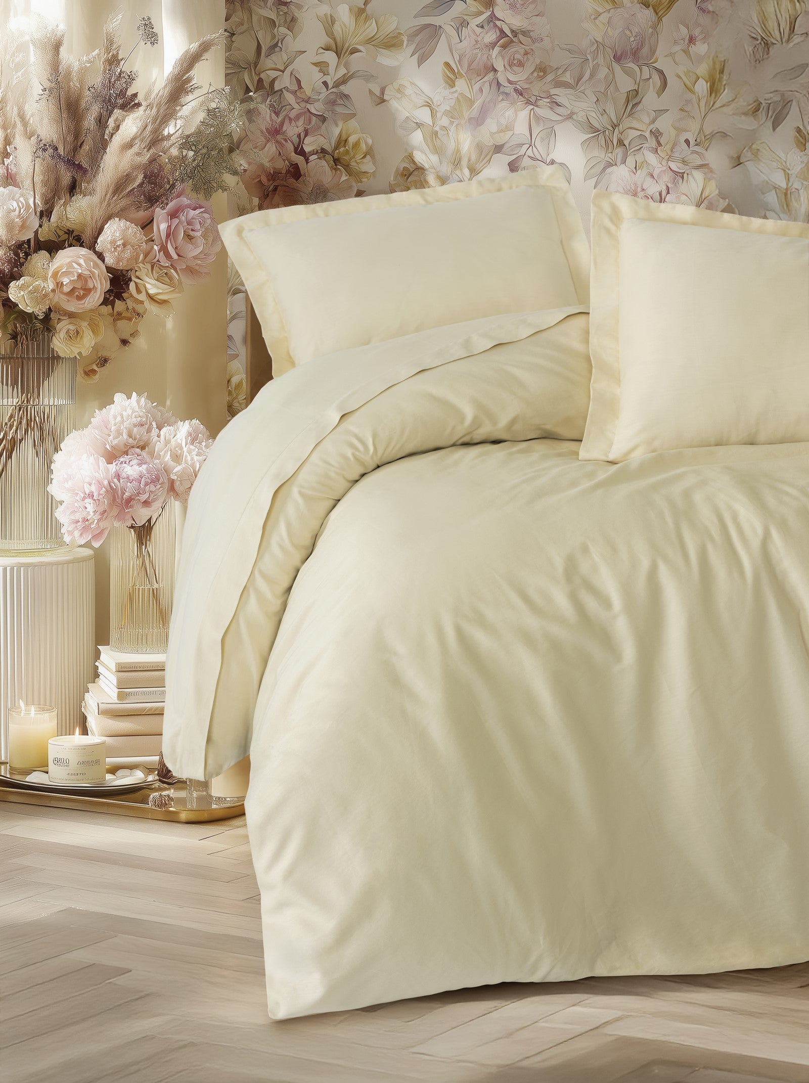 Lenjerie de Pat 2 Persoane din Satin Elegant Bej