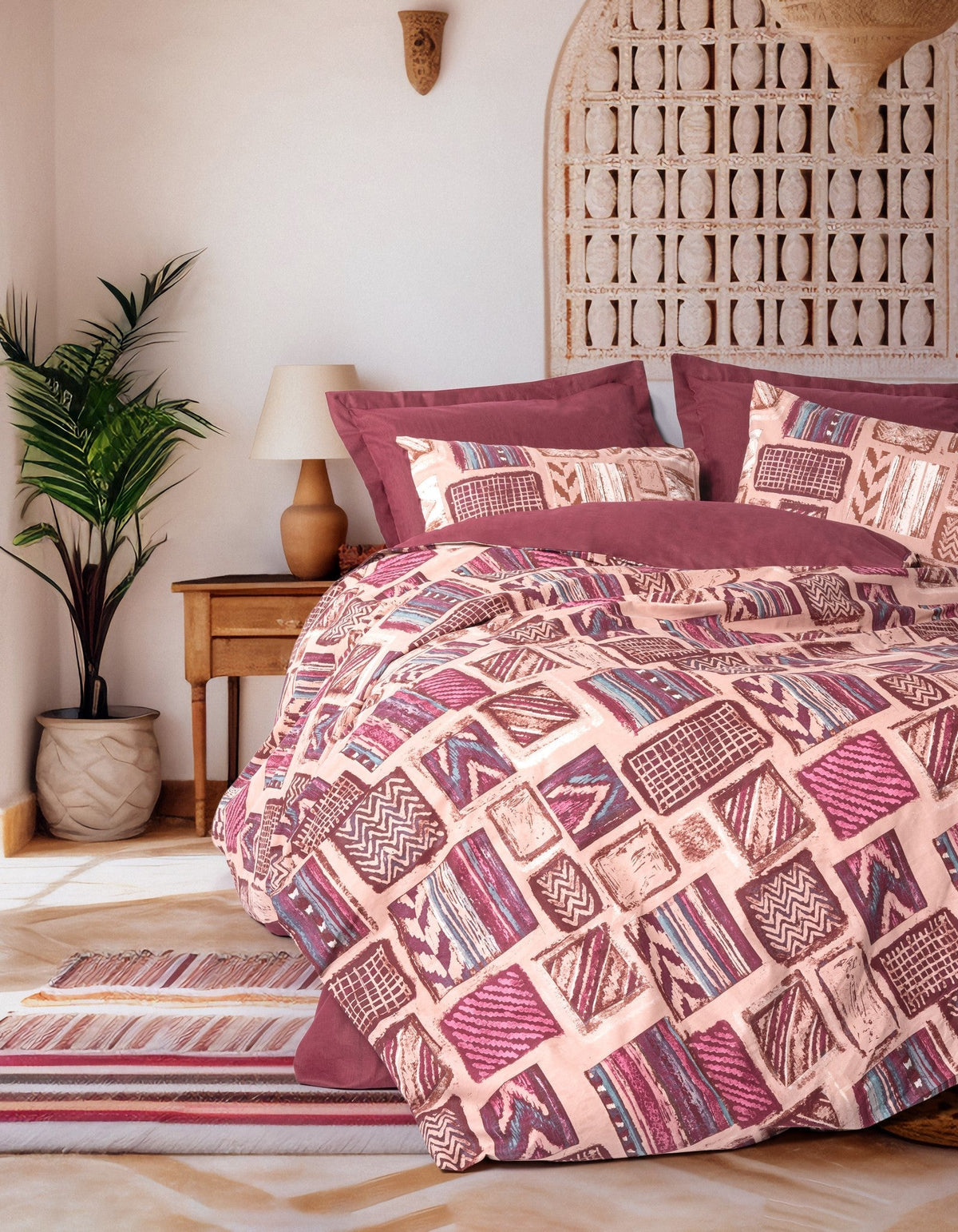 Lenjerie de Pat 2 Persoane Ethnic Estilo Bordo