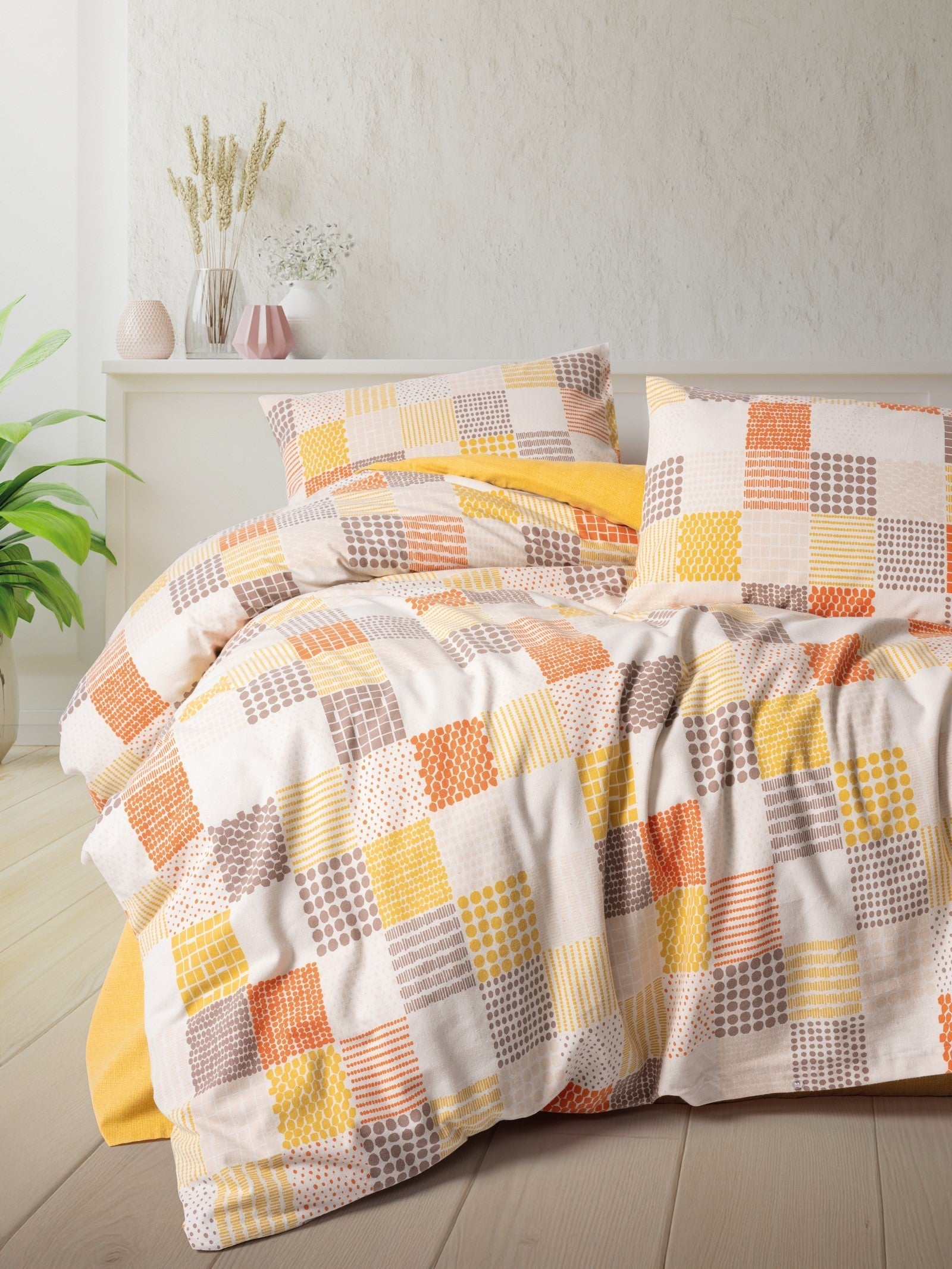 Lenjerie de Pat 2 Persoane din Flanel Palm Mustar
