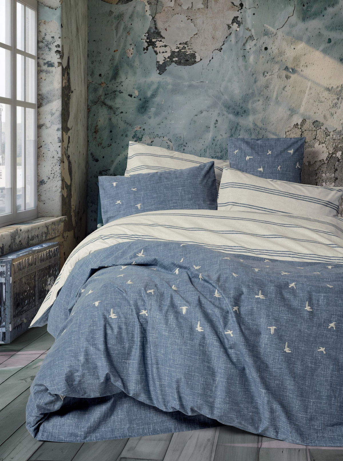 Lenjerie de Pat 2 Persoane Ranforce cu Broderie Klein Ceria Bleumarin