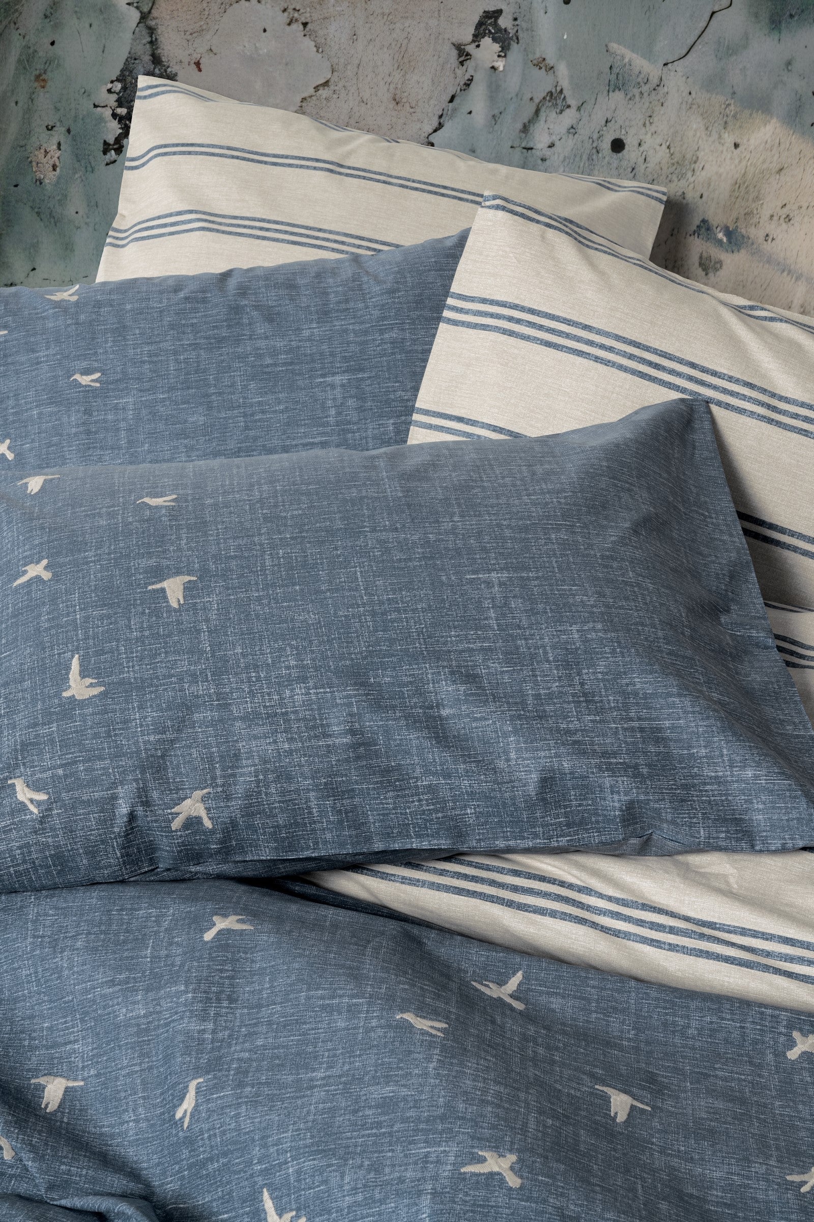 Lenjerie de Pat 2 Persoane Ranforce cu Broderie Klein Ceria Bleumarin