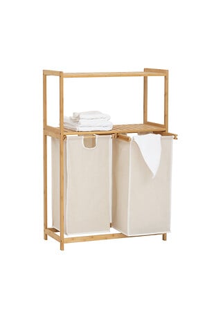 Cos de rufe dublu cu raft, din bambus, bej, L 72 x D 33 x H 109 cm