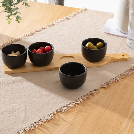 Platou servire lung din bambus cu 4 boluri negre, set 5 piese, L 40 cm