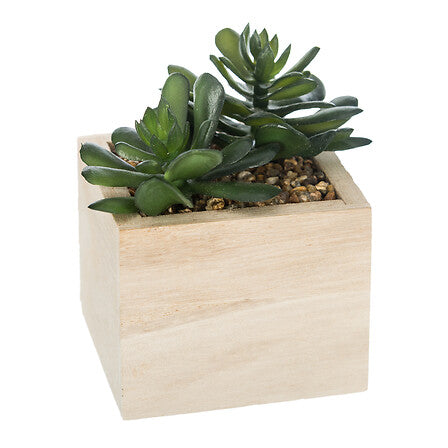 Planta artificiala mica in ghiveci din lemn, modele asortate, H 14 cm